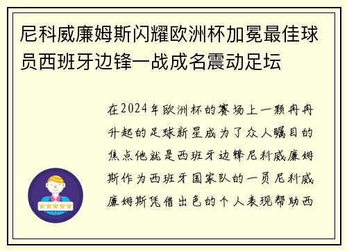 尼科威廉姆斯闪耀欧洲杯加冕最佳球员西班牙边锋一战成名震动足坛