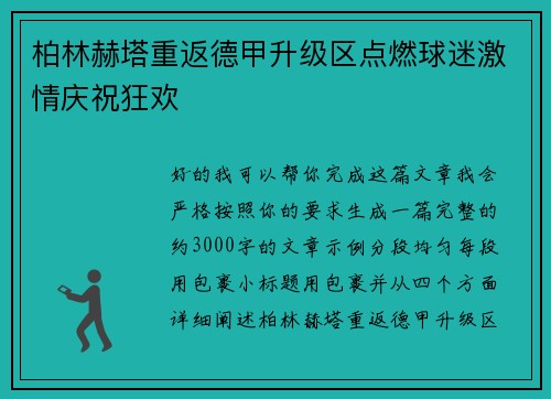 柏林赫塔重返德甲升级区点燃球迷激情庆祝狂欢