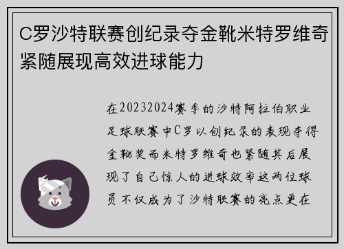 C罗沙特联赛创纪录夺金靴米特罗维奇紧随展现高效进球能力